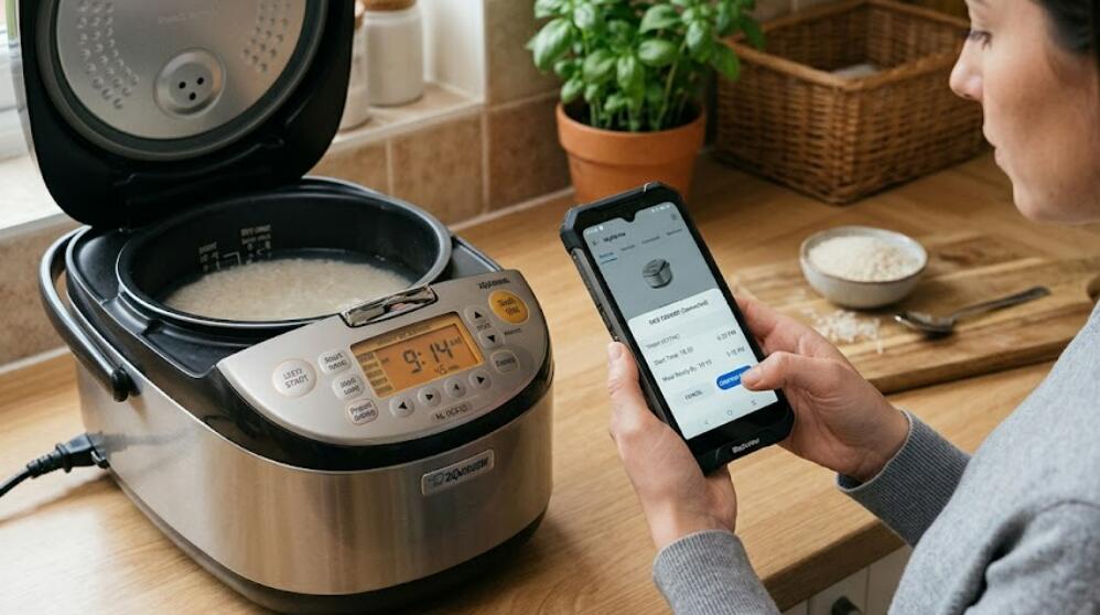 A lady uses Blackview FORT 5 to set a preset timer for the rice cooker