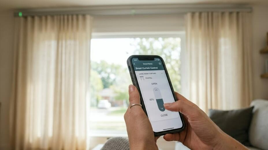A lady controls the smart curtains with her phone