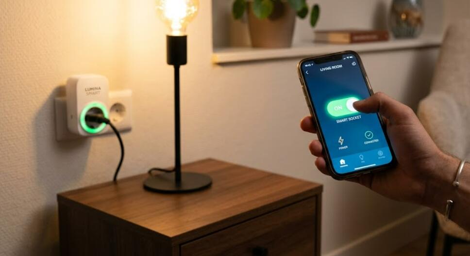 A man uses phone to control smart sockets at home