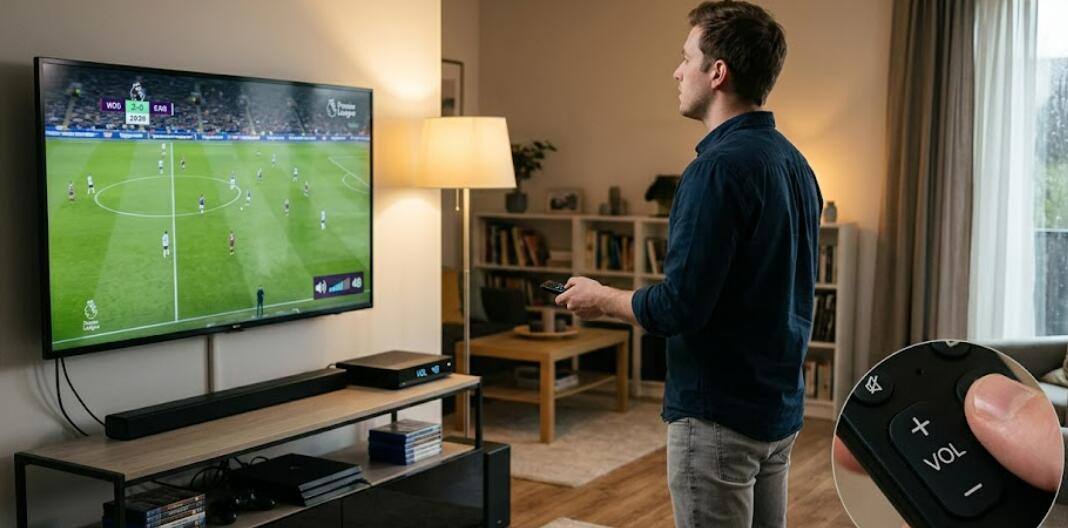 A person is using a remote control to adjust the volume of a TV box
