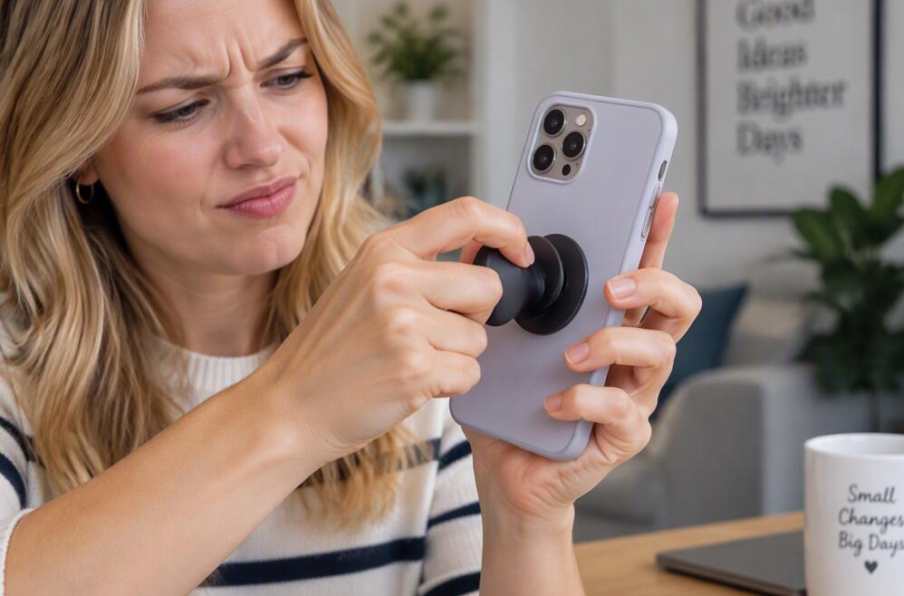 A lady tries to remove a magnetic PopSocket from a phone case