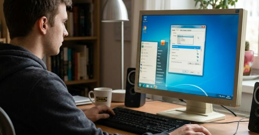 Молодой человек настраивает курсор мыши в Windows 7