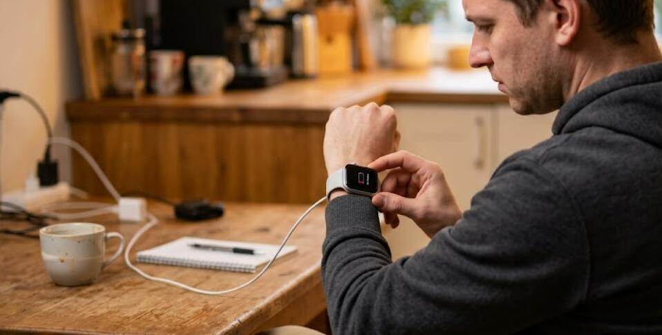 Smartwatch conectado a un cargador sobre una mesa