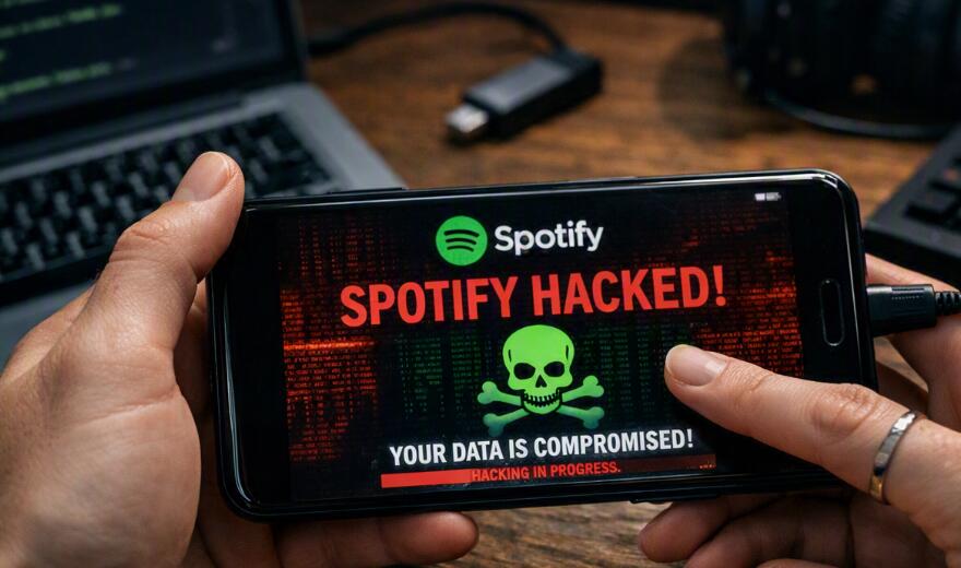 The phone shows the Spotify is hacked