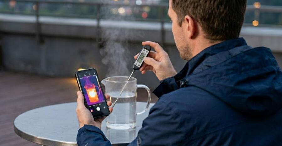 A thermal phone and a thermometer and a cup of water