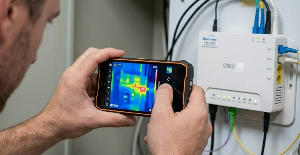 A man uses Blackview thermal phone to scan the modem