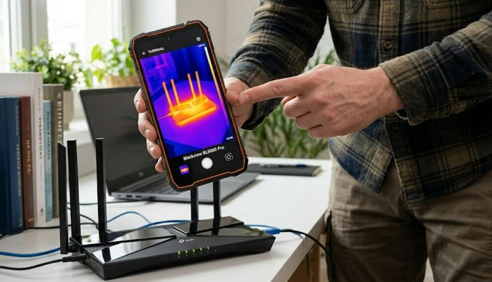 A man uses the Blackview BL9000 Pro to scan the router