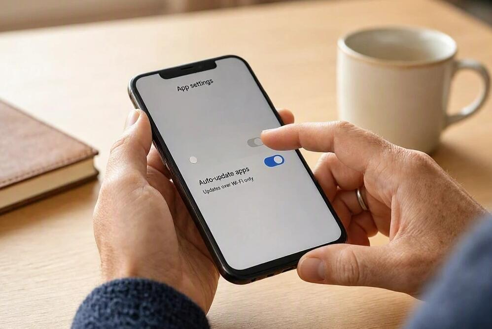 A man finds app auto-update setting on the phone