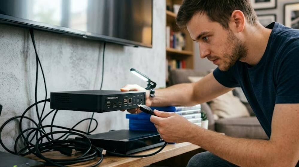 A guy checks the HDMI port on the TV box