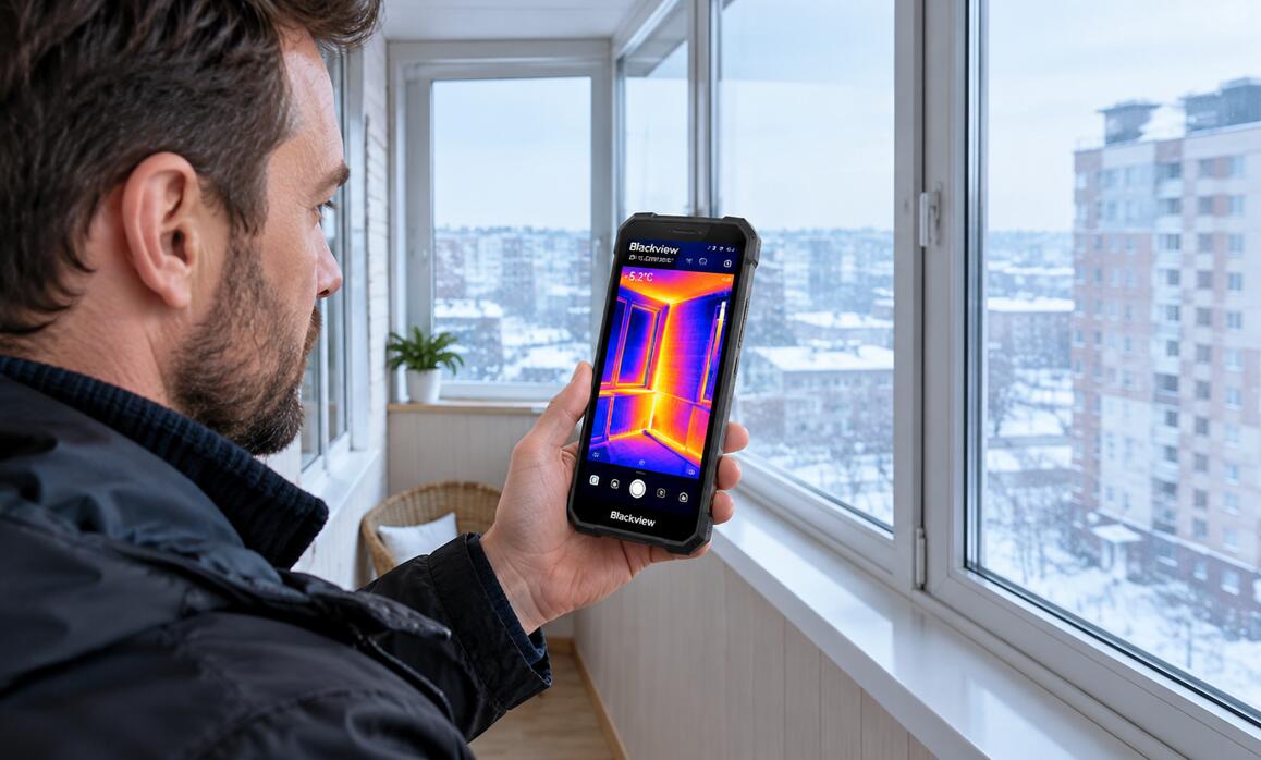 A man uses Blackview XPLORE 1 Pro thermal rugged phone at balcony