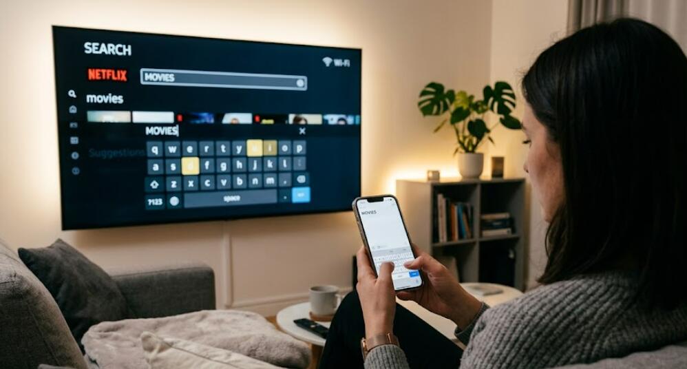 A lady uses her phone as a keyboard for smart TV
