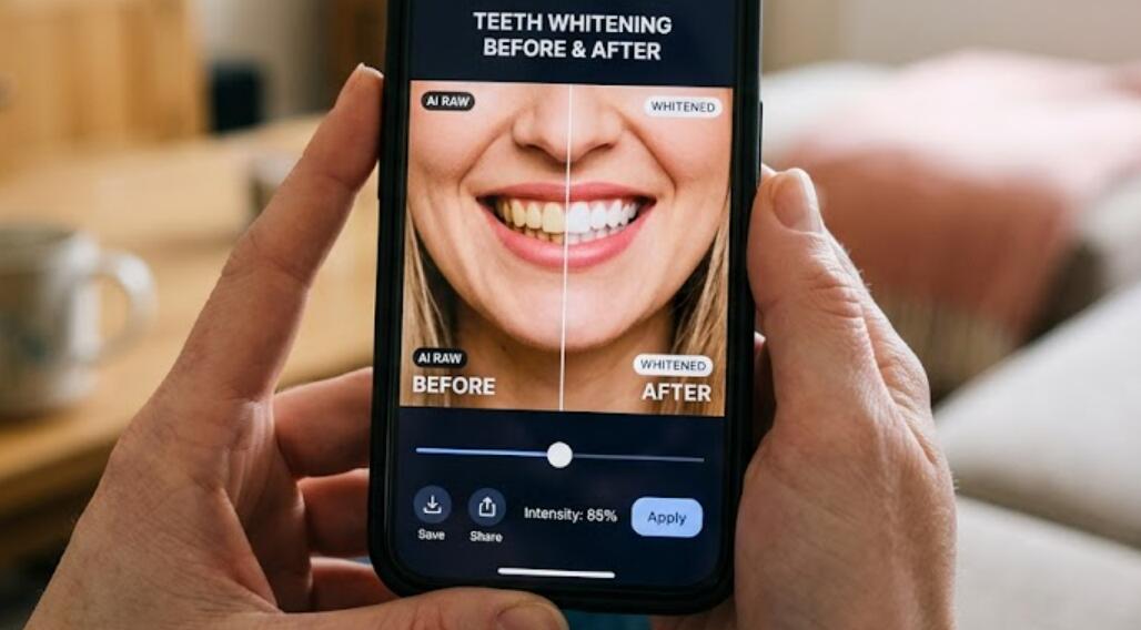 A person is editing a photo of a person with yellow teeth on a phone