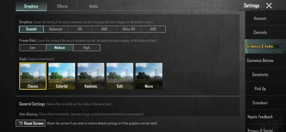 Adjust settings for tablet game